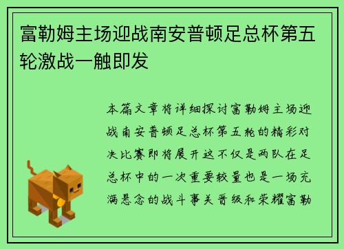 富勒姆主场迎战南安普顿足总杯第五轮激战一触即发