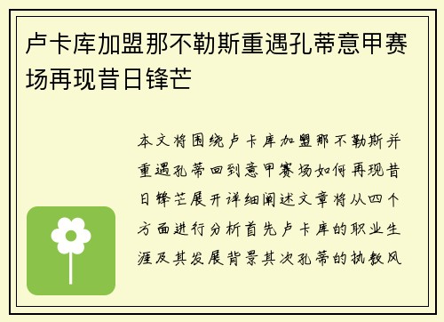 卢卡库加盟那不勒斯重遇孔蒂意甲赛场再现昔日锋芒