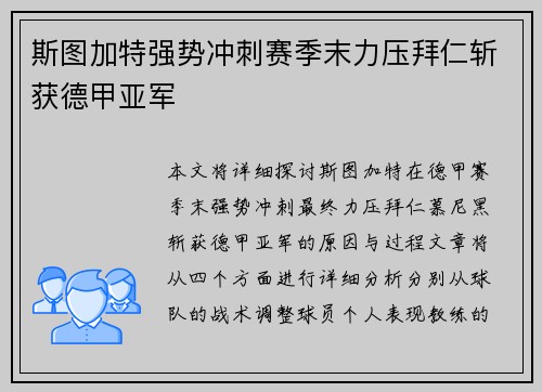 斯图加特强势冲刺赛季末力压拜仁斩获德甲亚军